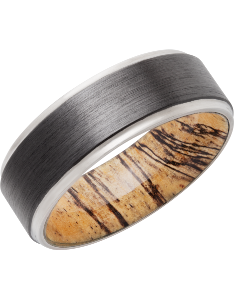 Zirconium 8mm flat band with grooved edges and a hardwood sleeve of Spalted Tamarind