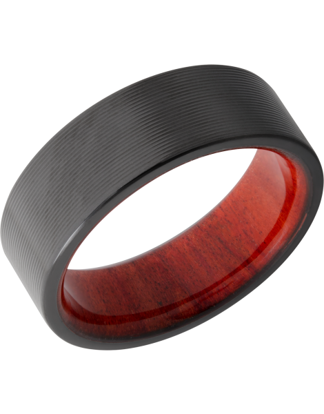 Zirconium 8mm flat band with rounded edges and a hardwood sleeve of Honduras Redheart