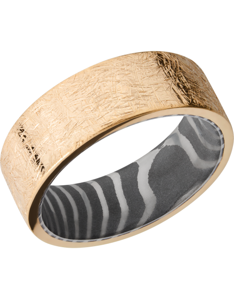 14K yellow gold 8mm band with a handmade tiger Damascus steel sleeve