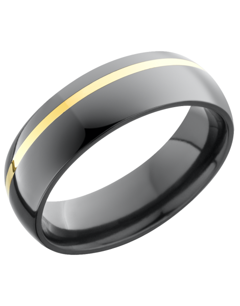 Zirconium 6mm domed band with an off center inlay of 14K yellow gold
