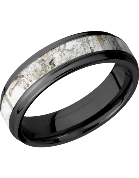 Zirconium 6mm flat band with grooved edges and a 3mm inlay of Kings Snow Camo