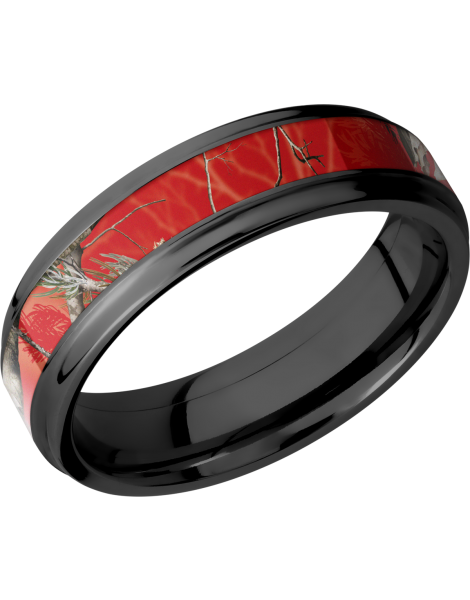 Zirconium 6mm flat band with grooved edges and a 3mm inlay of Realtree APC Red Camo