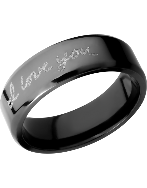 Zirconium 7mm beveled band with a laser-carved handwritten message