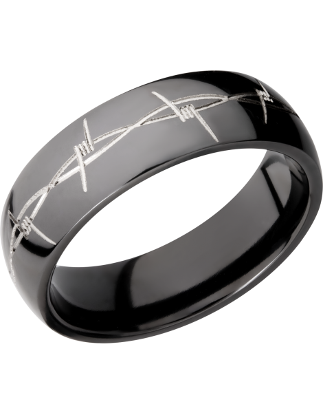 Zirconium 7mm domed band with a laser-carved barbed wire pattern