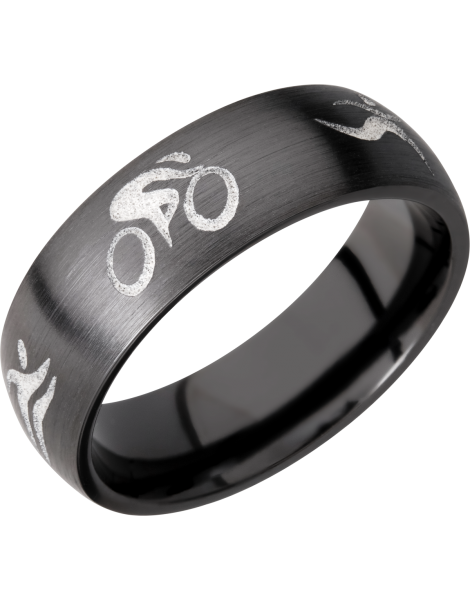 Zirconium 7mm domed band with a laser-carved triathlon pattern