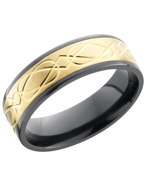 Zirconium 7mm flat band with a laser-carved celtic pattern in an inlay of 14K yellow gold