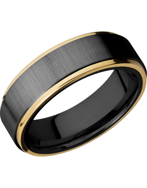 Zirconium 7mm flat band with 14K yellow gold grooved edges