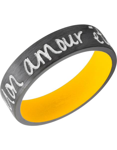 Zirconium 7mm flat band with slightly rounded edges and a laser-carved handwritten message with a yellow Cerakote sleeve