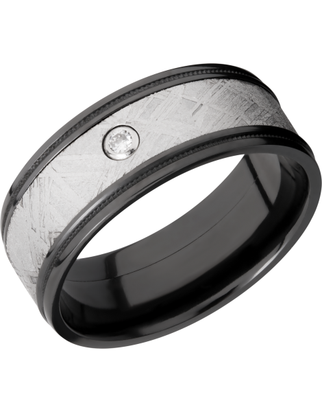 Zirconium 8.5mm flat band with reverse milgrain around an inlay of authentic Gibeon meteorite and white diamond accent