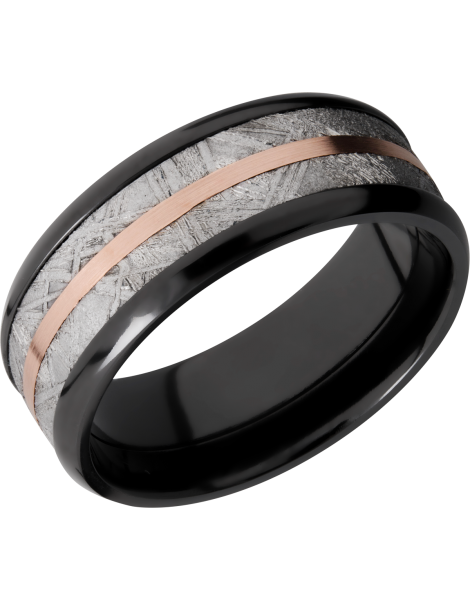 Zirconium 8mm beveled band with an inlay of authentic Gibeon Meteorite and a 14K rose gold inlay