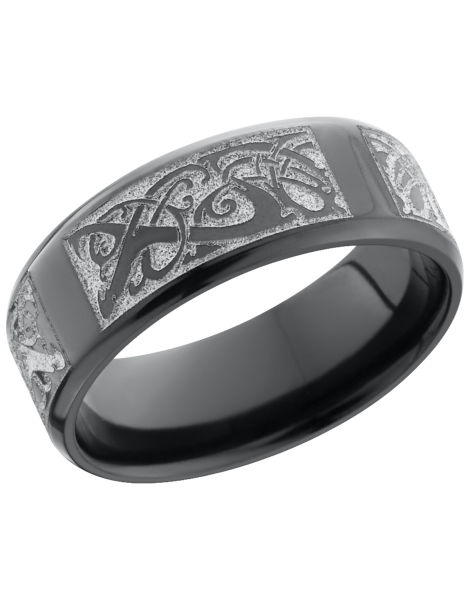 Zirconium 8mm beveled band with a laser-carved serpent pattern