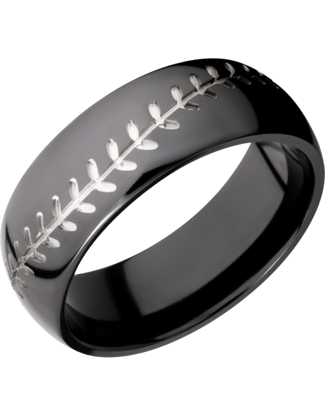 Zirconium 8mm domed band with a laser-carved baseball stitch