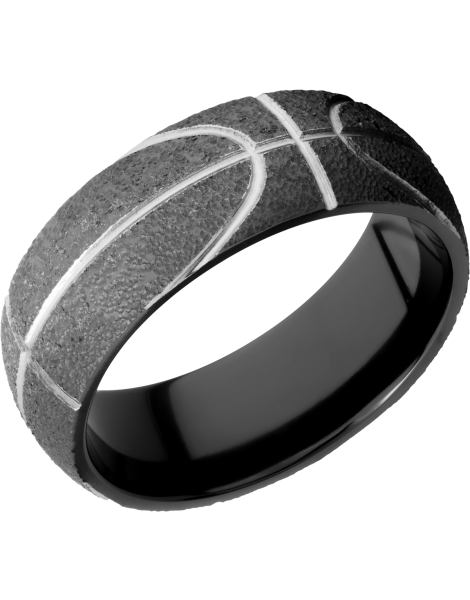 Zirconium 8mm domed band with a laser-carved basketball pattern