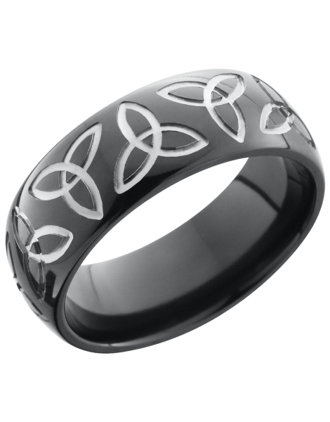 Zirconium 8mm domed band with a laser-carved trinity pattern