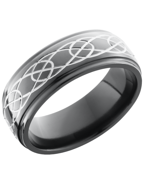 Zirconium 8mm domed band with grooved edges and a laser-carved celtic pattern