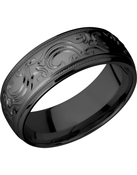 Zirconium 8mm domed band with a laser-carved scroll MJBA pattern