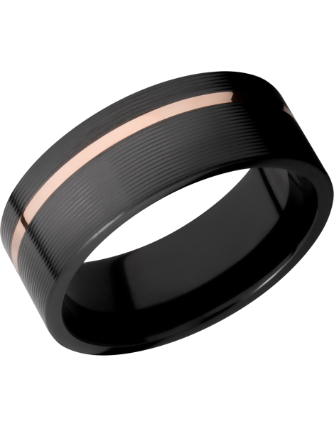 Zirconium 8mm flat band with an off center inlay of 14K rose gold