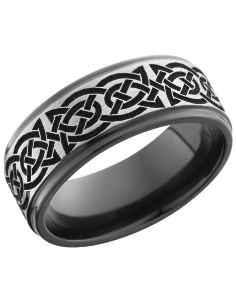 Zirconium 8mm flat band with a laser-carved celtic pattern