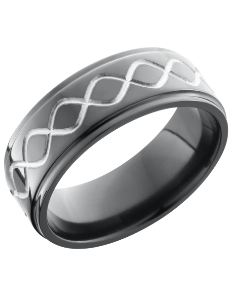 Zirconium 8mm flat band with a laser-carved tall infinity pattern