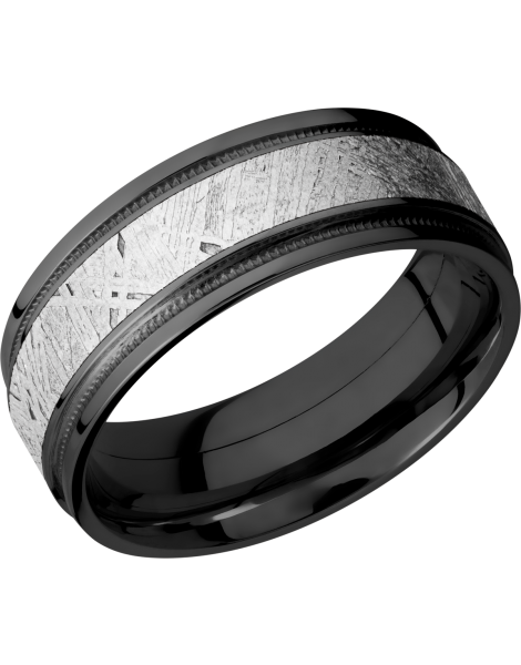 Zirconium 8mm flat band with reverse milgrain and an inlay of authentic Gibeon Meteorite