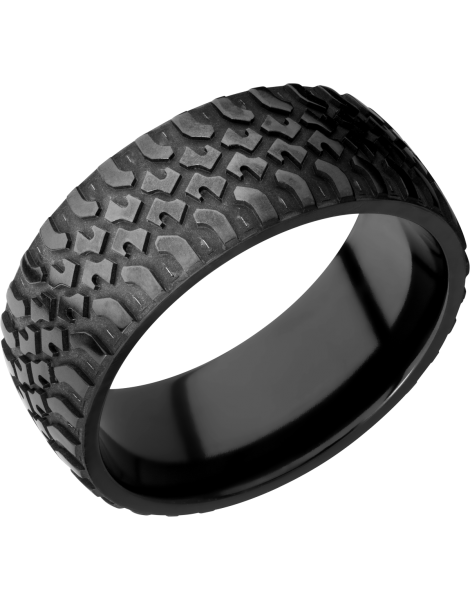 Zirconium 9mm domed band with a laser-carved truck pattern