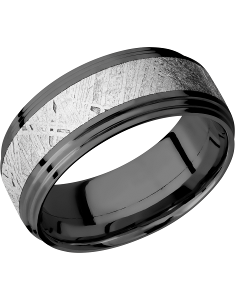 Zirconium 9mm flat band with two steps and an inlay of authentic Gibeon Meteorite