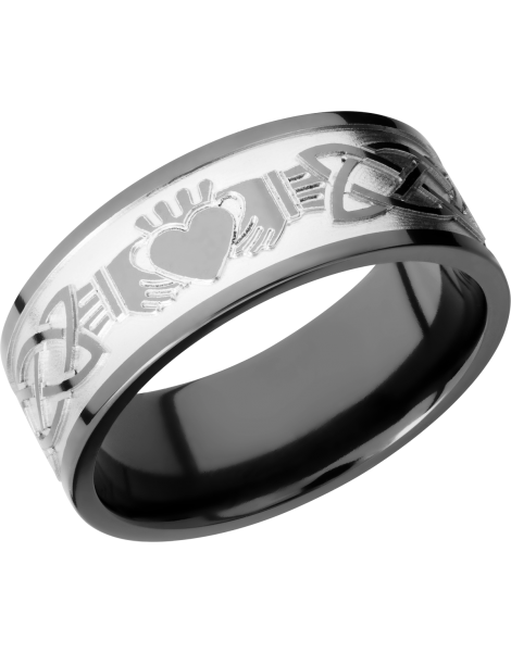Zirconium 9mm flat band with a laser-carved claddagh celtic pattern