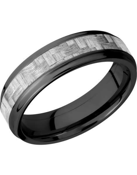 Zirconium 6mm flat band with grooved edges and a 3mm inlay of silver Carbon Fiber