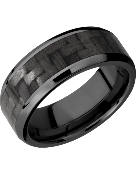 Zirconium 8mm beveled band with a 5mm inlay of black Carbon Fiber
