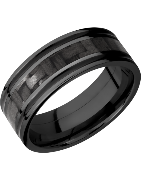 Zirconium 8mm flat band with a 3mm inlay of black Carbon Fiber and 2, 1mm inlays of Cerakote