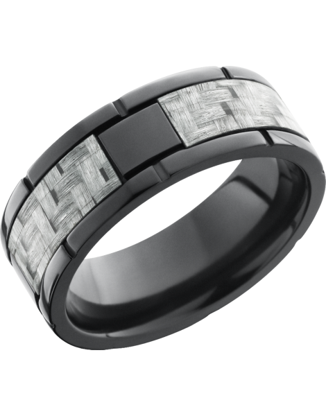 Zirconium 8mm flat band with segment details and a 4mm inlay of silver Carbon Fiber