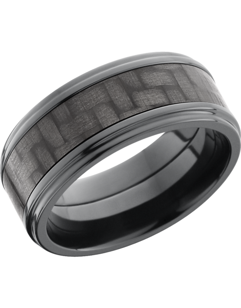 Zirconium 9mm flat band with grooved edge and a 5mm inlay of black Carbon Fiber