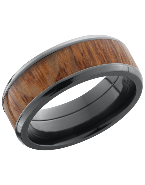 Zirconium 8mm beveled band with an inlay of Leopard hardwood