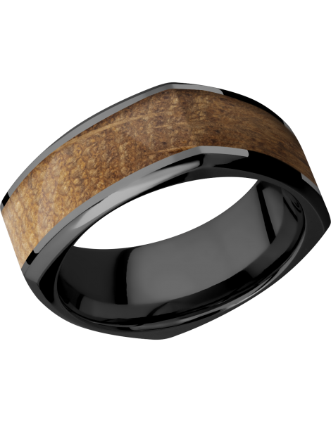 Zirconium 8mm beveled square band with an inlay of Whiskey Barrel hardwood