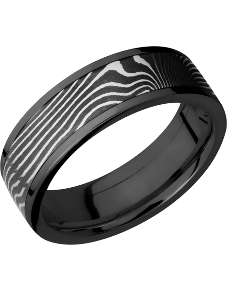 Zirconium flat 7mm band with a 5mm inlay of handmade flattwist Damascus steel