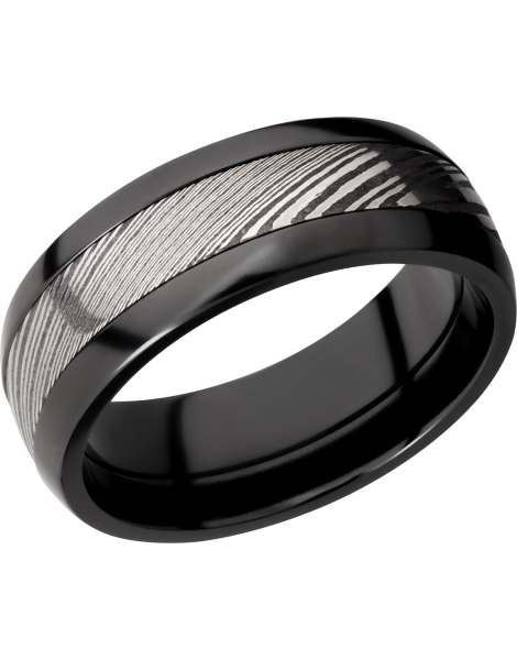 Zirconium domed 8mm band with a 4mm inlay of handmade Damascus steel