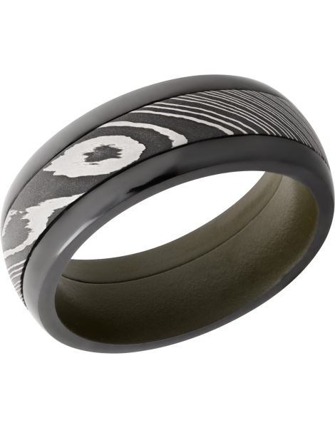 Zirconium pressed fit 8mm domed band with a 4mm inlay of Damascus steel and a Cerakote sleeve